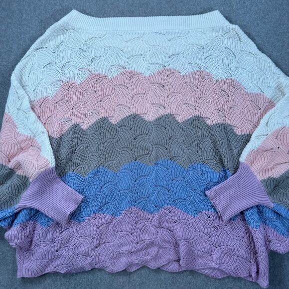 Chicsoul Scallop Edge Colorblock Open Knit Sweater Women's 1X Wide Neck Slouchy - Picture 8 of 9